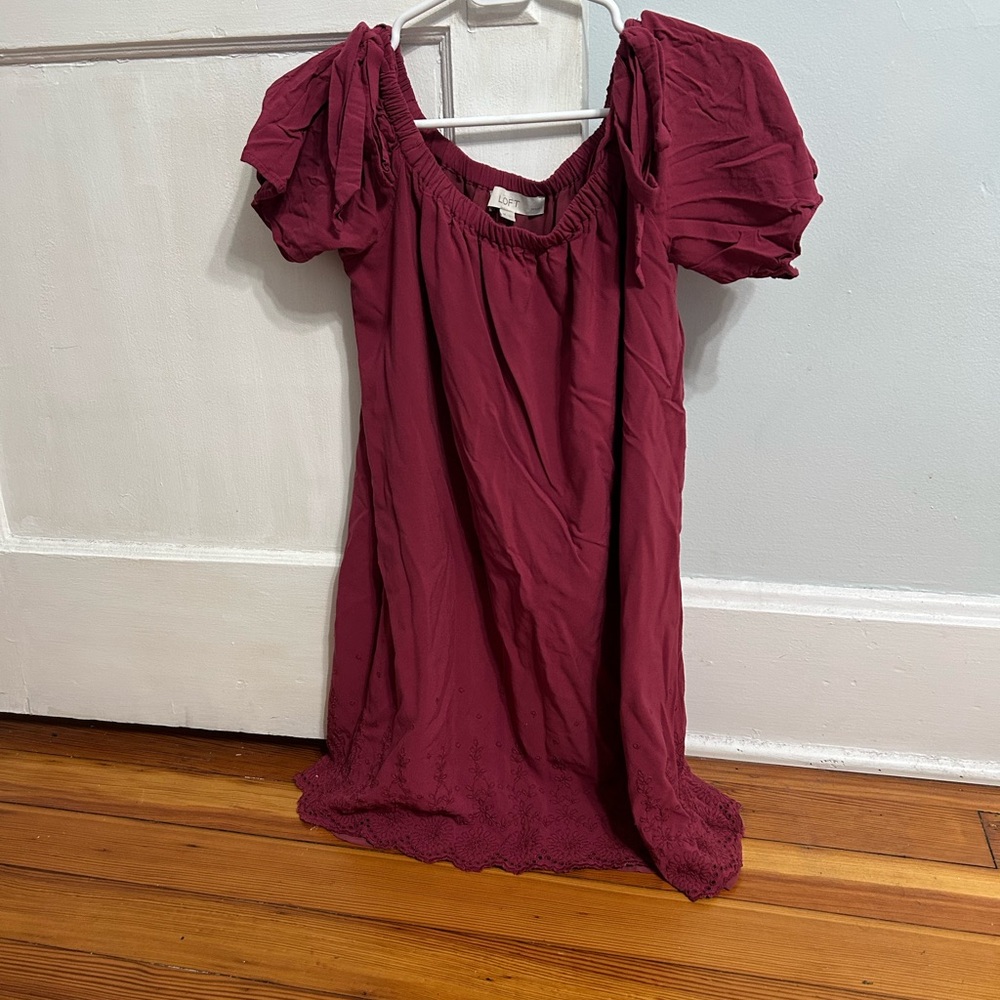 LOFT Dark Red Dress with Embroidered Hem & Gathered Neckline